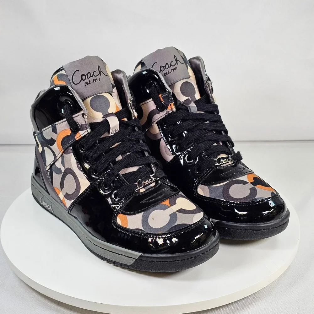 Coach Natalee High Top Sneakers Black Grey Orange Signature Op Art Womens 6.5 M